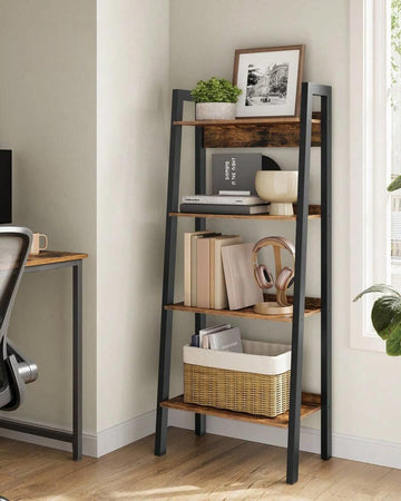 Ladder Shelf, Bookcase With 4 Levels, Standing Storage Unit, Office, Living Room, Bedroom, Kitchen, Industrial Style, Rustic Brown And Black