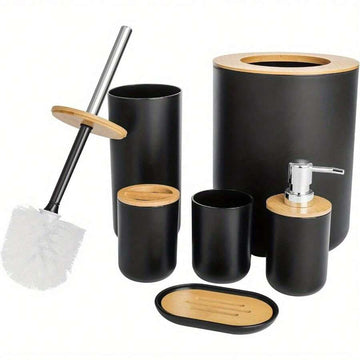 6 Pieces Bathroom Accessories- Bathroom Bin And Toilet Brush Set- Durable Toothbrush Holder Cup- Soap Dispenser With Pump- Soap Dish Holder- Modern Trash Can (Black)