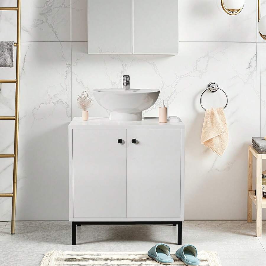 White Bathroom Sink Cabinet Under Basin Unit Cupboard 2 Door Storage - High Gloss