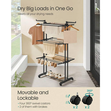Large Clothes Airer, Foldable Clothes Drying Rack Laundry 4-Tier, Moveable Clothes Horse, 63.5 X 128 X 173 Cm, Stainess Steel, Folding Wings, Indoor Outdoor Use, Ink Black