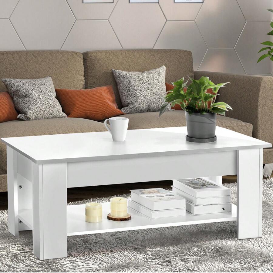 Lift Top Coffee Table, Wood Lifting Table Tea With Storage Shelf For Living Room, High Gloss White Wood, 98x50x(42-56) Cm