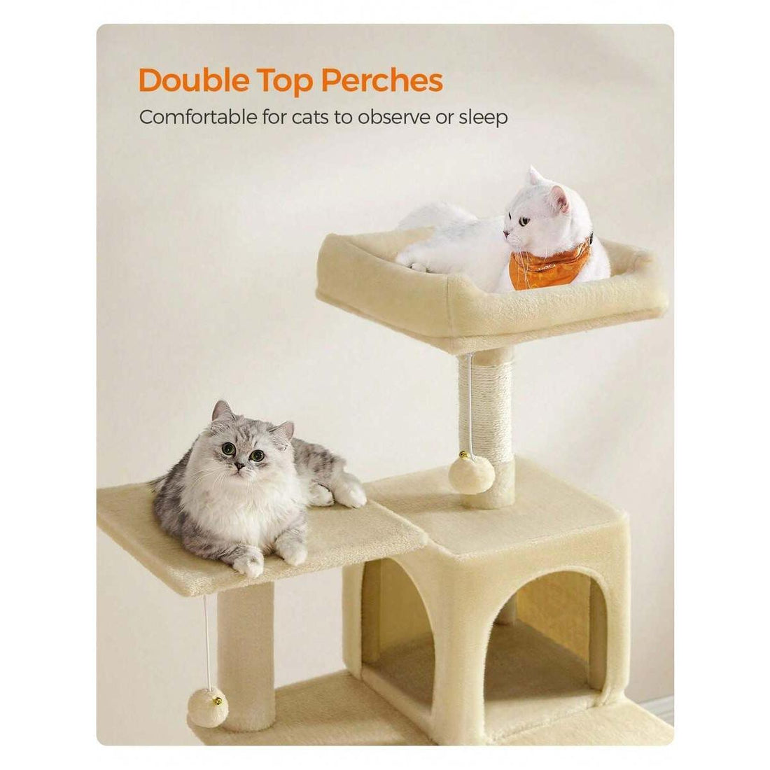 Cat Tree, 143 Cm Cat Tower For Indoor Cats, Multi-Level Plush Cat Condo With 4 Scratching Posts, 2 Perches, Cave, Hammock, Pompoms, Beige