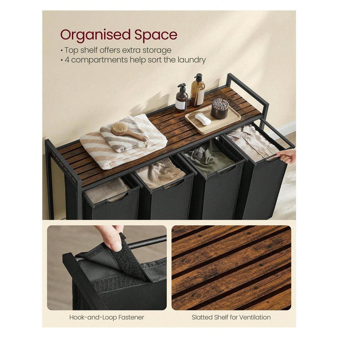 Laundry Basket, 4-Compartment Laundry Hamper, Pull-Out And Removable Laundry Bags, Laundry Sorter, Shelf, Metal Frame, 4 X 40L, 116 X 33 X 72 Cm, Rustic Brown And Black