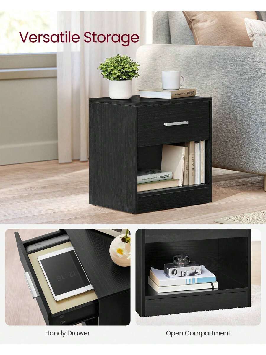 Bedside Table, Side Table With Drawer, Handle, Open Compartment, End Table, For Bedroom, Living Room, Ink Black
