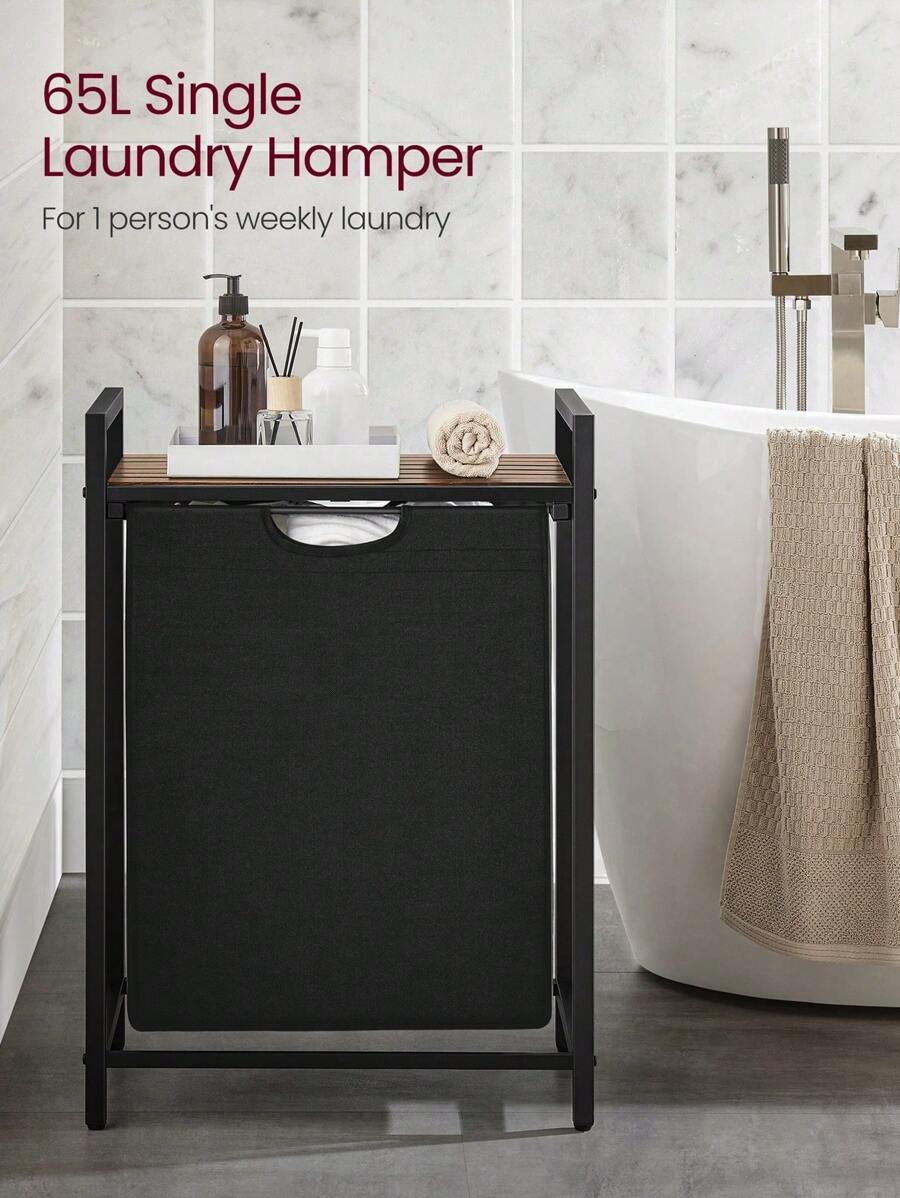Laundry Basket, Laundry Hamper, Pull-Out And Removable Laundry Bag, Shelf, Metal Frame, 65L, 50 X 33 X 72 Cm, Rustic Brown And Black, Rustic Brown And Black