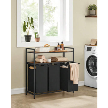 Laundry Basket, Laundry Hamper With 3 Pull-Out And Removable Laundry Bags, 2 Shelves, 40 L Capacity Per Bag, For Laundry Room, Rustic Brown And Black