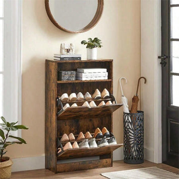 Shoe Cabinet 2 Flip Doors, 3 Tier Shoe Rack, With 1 Open Compartment, Adjustable And Removable Divider, For 8-12 Pairs Shoes, For Narrow Entrance, 24 X 60 X 102 Cm, Rustic Brown