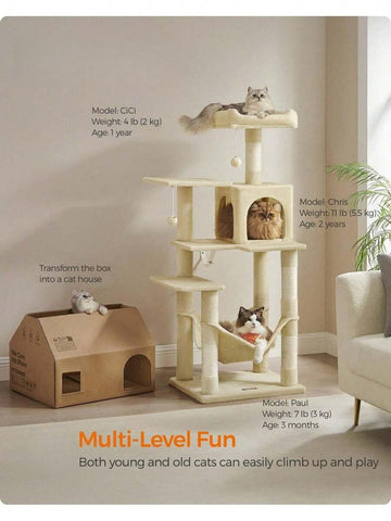 Cat Tree, 143 Cm Cat Tower For Indoor Cats, Multi-Level Plush Cat Condo With 4 Scratching Posts, 2 Perches, Cave, Hammock, Pompoms, Beige