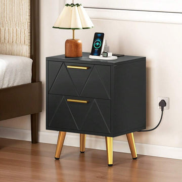 Bedside Table With 2 Drawers & Power Station, Modern Nightstand End Table With Metal Legs And Handles, 40x30x52cm