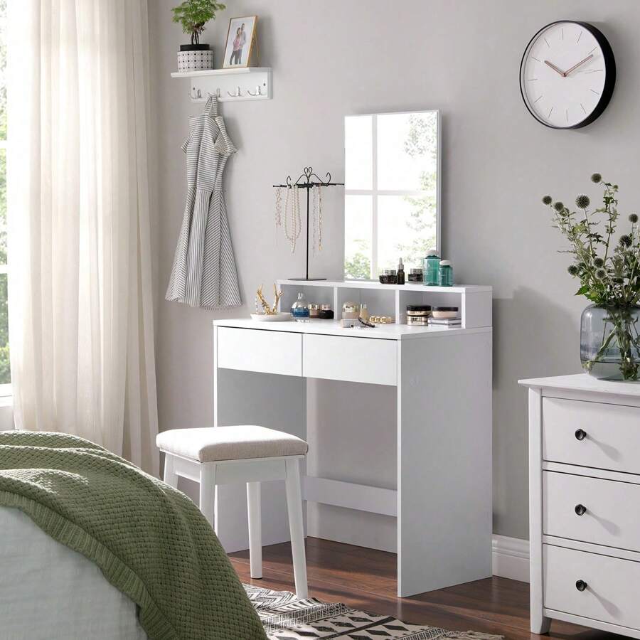 Dressing Table With Large Rectangular Mirror, Vanity Table With 2 Drawers And 3 Open Compartments, Vanity Table, Modern Style, White