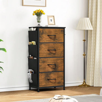 Chest Of Drawers, Dresser With Side Pockets & Hooks, Fabric 4 Drawers With Handles, Metal Frame, Wood Top, For Bedroom,Living Room,Nursery Room,Hallway