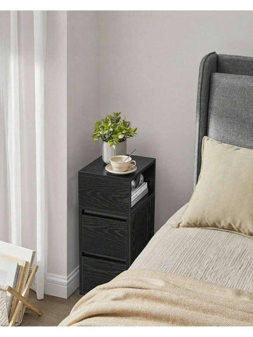 Slim Bedside Table, Small Narrow Side End Table With 2 Drawers, 1 Open Compartment Mounted To Face Left Or Right, For Bedroom, Living Room, Ebony Black