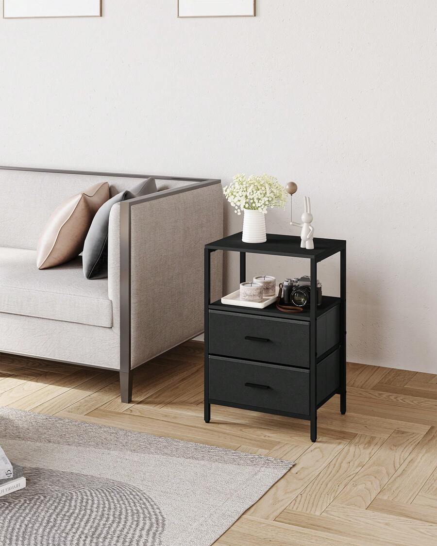 Set Of 2 Bedside Table, Side End Table With 2 Fabric Storage Drawers, Bedside Cabinet With Open Storage Shelf, Nightstand For Bedroom, Livingroom, Office,Black