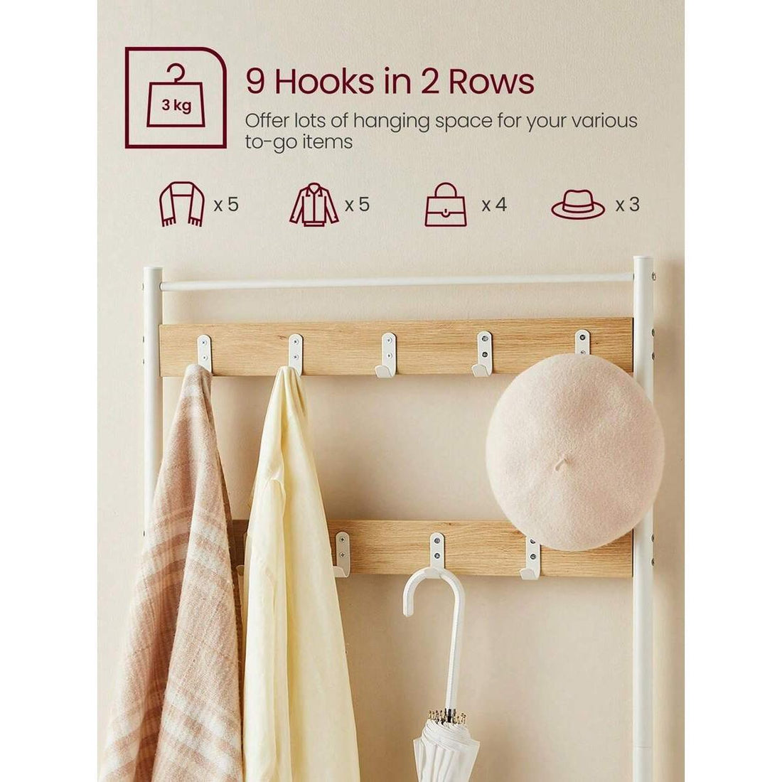 Coat Rack, Coat Stand With Shoe Storage Bench, Hall Tiree With Shoe Rack, 3-In-1 Design, Steel Frame, For Hallway, Entrance, 32 X 70 X 177 Cm, Modern, Oak And Cream