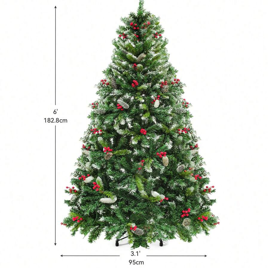 6FT Pre-Lit Frosted Pine Artificial Christmas Tree With Pine Cones& Red Berries ,Hinged Holiday Decoration Christmas Tree With 818 Branch Tips And 250 LED Lights, For Home, Office, And Party Decor