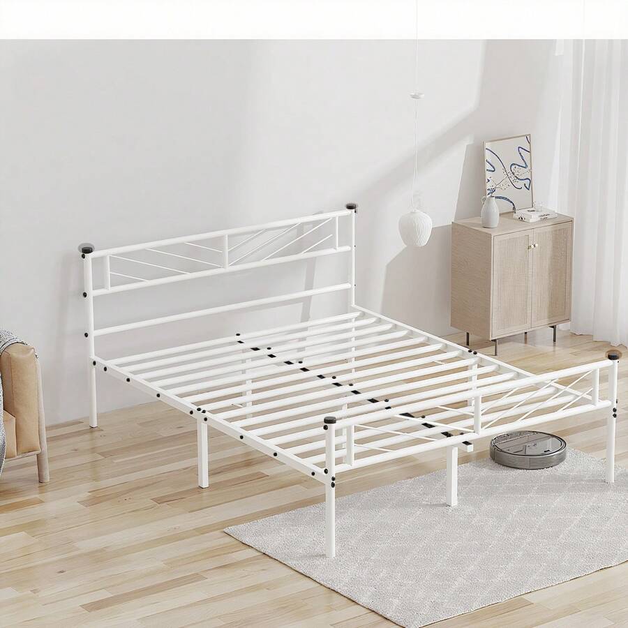 3ft/4ft6/5ft Single/Double/Queen Size Bed Frames Metal Slatted Bed Platform With Arrow Design Headboard, Under-Bed Storage, No Box Spring Needed, White