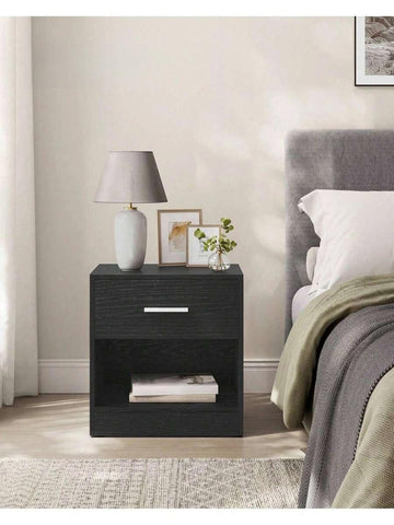 Bedside Table, Side Table With Drawer, Handle, Open Compartment, End Table, For Bedroom, Living Room, Ink Black