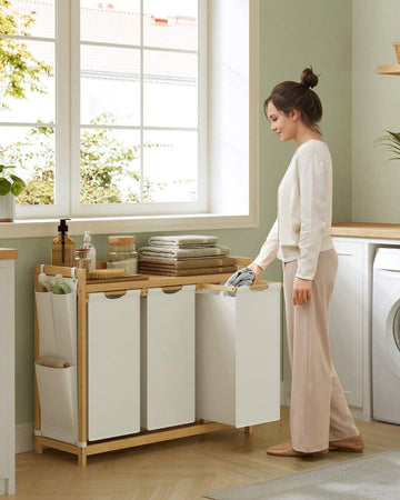 Laundry Basket With 3 Compartments, Laundry Hamper, Holds Up To 150 L, Laundry Sorter, With Shelf, Laundry Bag, Side Pockets, 3 X 50 L, 94 X 33 X 78 Cm, Cream White Grey
