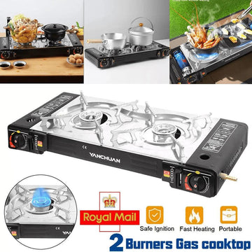 Portable Double 2 Burner Gas Stove Camping Butane Cooker Barbecue Gas Cannister