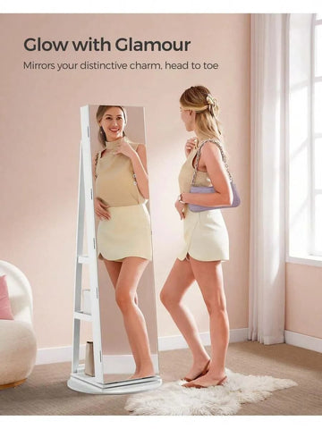 6 LEDs Mirror Jewellery Cabinet, 360 °   Swivel Jewellery Storage Organiser, Lockable, Free-Standing Frameless Full-Length Mirror With Storage Valentine's Day, White Surface, Black Lining Back To School Dormitory Storage