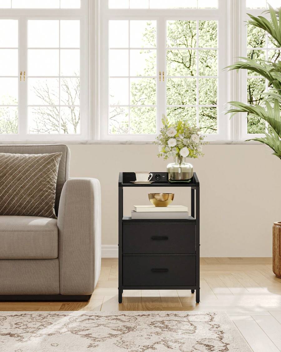 Bedside Table With LED Lights And Charging Station, Bedside Cabinet With 2 Fabric Storage Drawers, Nightstand With USB Ports & TypeC For Bedroom, Livingroom