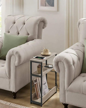 Slim Side Table With Charging Station, 3-Tier Narrow Bedside Table, End Table For Small Spaces, Magazine Rack, For Living Room, Bedroom, Study, Greige,Rustic Brown And Ink Black