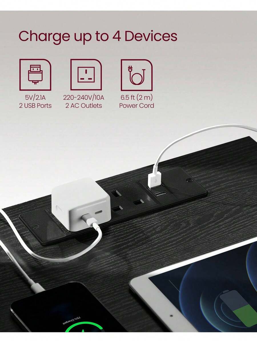 Bedside Table With Charging Station, Set Of 2, Side End Tables With 3 Drawers, 2 AC Outlets, 2 USB Ports, Bevelled Drawer Fronts, For Living Room, Bedroom, Study, Modern, Ebony Black