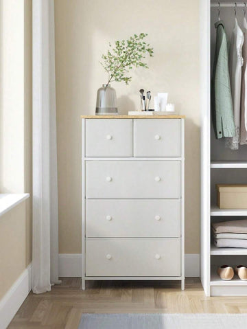 Chest Of Drawers, Fabric 5-Drawer Storage Organiser Unit, Dresser, For Living Room, Hallway, Nursery, White And Oak