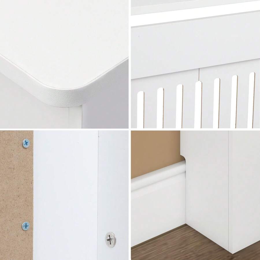 H Radiator Cover White Modern MDF Vertical Slats Wooden Top Cabinet For Living Room Bedroom Hallway