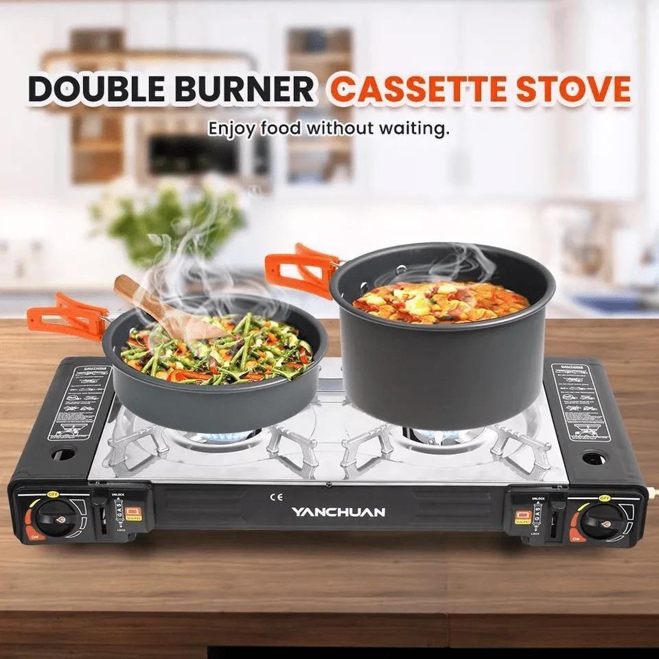 Portable Double 2 Burner Gas Stove Camping Butane Cooker Barbecue Gas Cannister