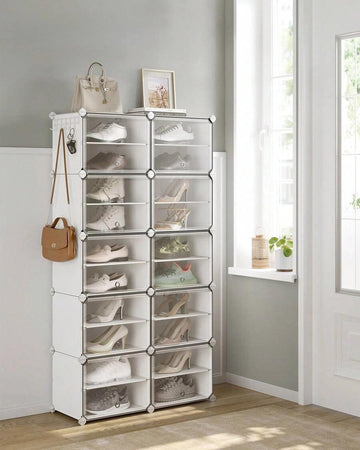 Interlocking Shoe Rack, Plastic Shoe Storage Cabinet, 10-Slot Modular Storage Organiser Unit, 30 X 40 X 30 Cm For Each Slot, With Doors, Steel Frame, Plastic Panels, White