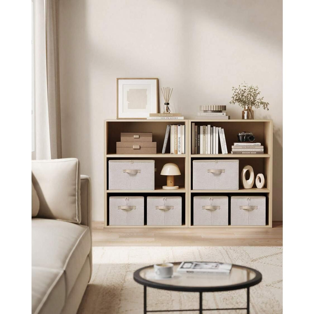 Foldable Storage Organiser Boxes, Set Of 6 Storage Basket Bins With Lids, Handles, Clothes Organiser, 40 X 30 X 25 Cm, Non-Woven Fabric, Sand Beige