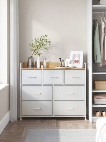 Chest Of Drawers, Bedroom Cabinet, 7 Fabric Drawers With Handles, Metal Frame, White And Oak, Cloud White And Oak Beige