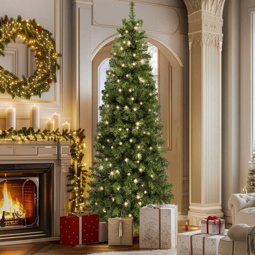6ft Pre-Lit  Artificial Pencil Christmas Tree,Slim Fraser Fir Christmas Tree With 700 Branch Tips And 200 Lights, For Home, Office, And  Party Decor,Green