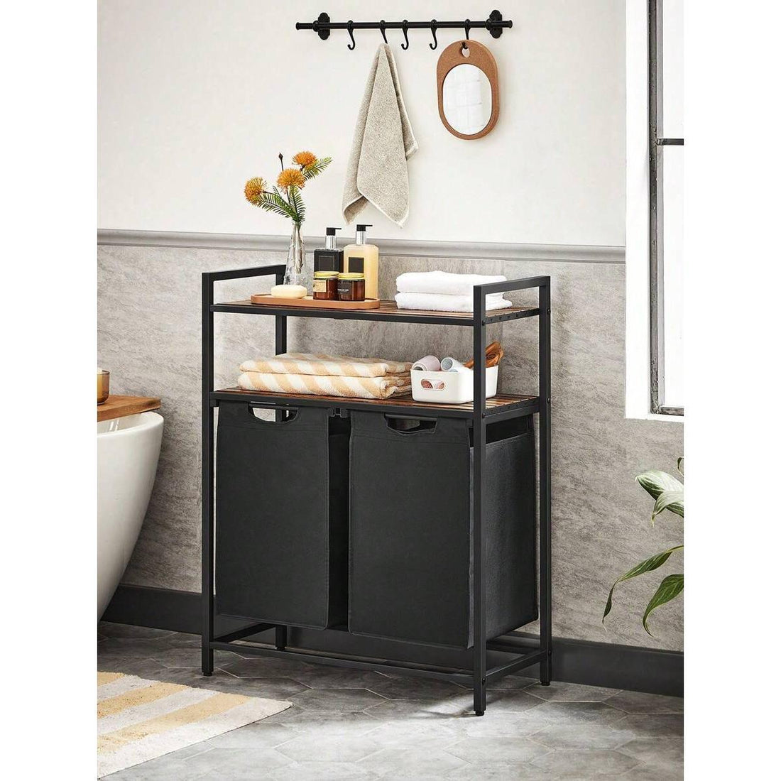 Laundry Basket, Laundry Hamper, Laundry Sorter With 2 Pull-Out And Removable Bags, 2 Shelves, 46L Capacity Per Bag, For Laundry Room, Rustic Brown And Black