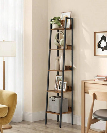 Ladder Shelf, 5-Tier Narrow Shelf, Bookshelf For Home Office, Living Room, Bedroom, Kitchen, Industrial, Rustic Brown And Black