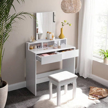 Dressing Table With Large Rectangular Mirror, Vanity Table With 2 Drawers And 3 Open Compartments, Vanity Table, Modern Style, White