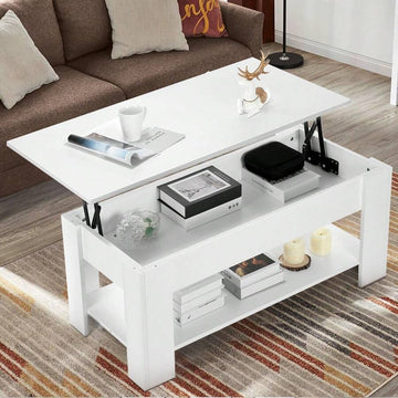 Lift Top Coffee Table, Wood Lifting Table Tea With Storage Shelf For Living Room, High Gloss White Wood, 98x50x(42-56) Cm