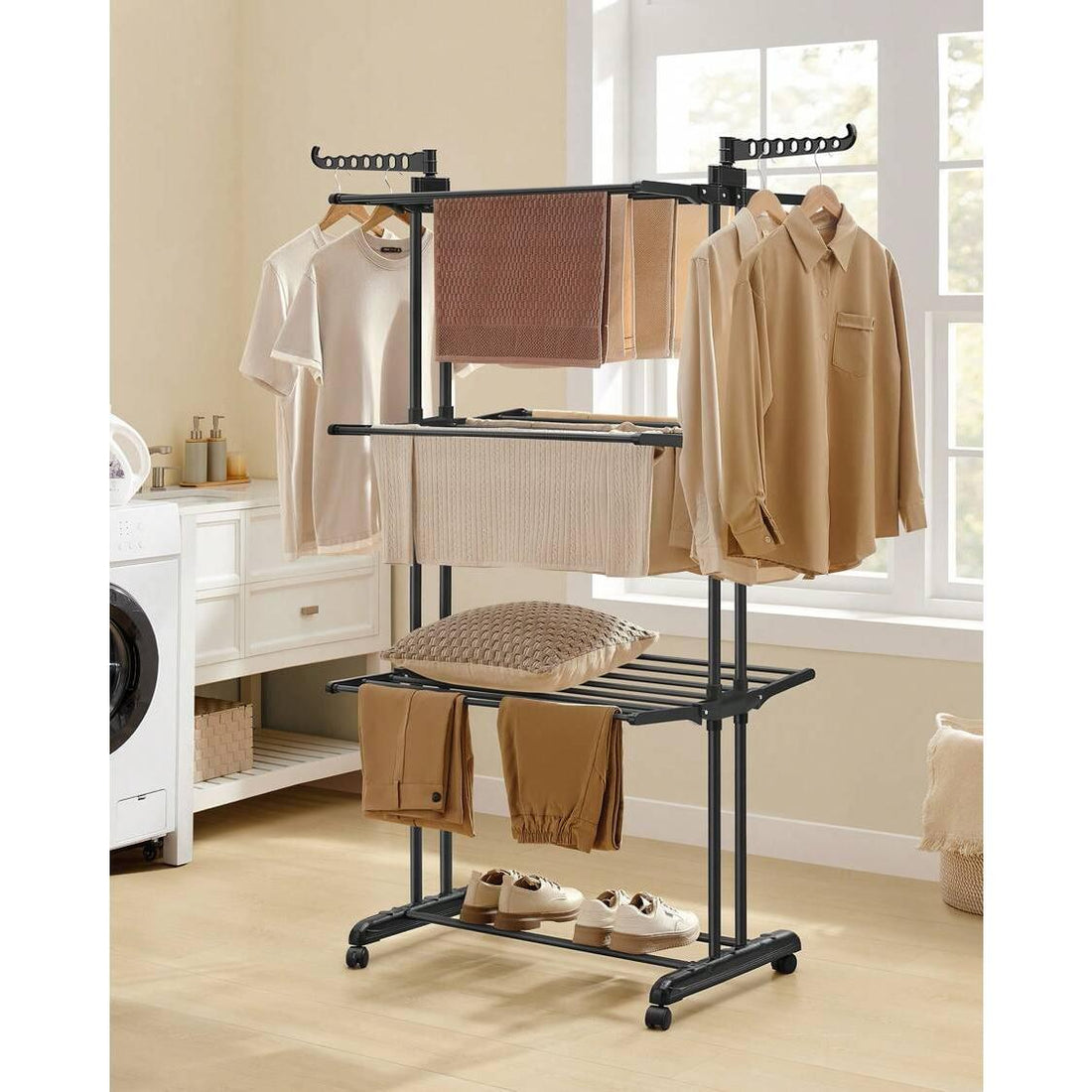 Large Clothes Airer, Foldable Clothes Drying Rack Laundry 4-Tier, Moveable Clothes Horse, 63.5 X 128 X 173 Cm, Stainess Steel, Folding Wings, Indoor Outdoor Use, Ink Black