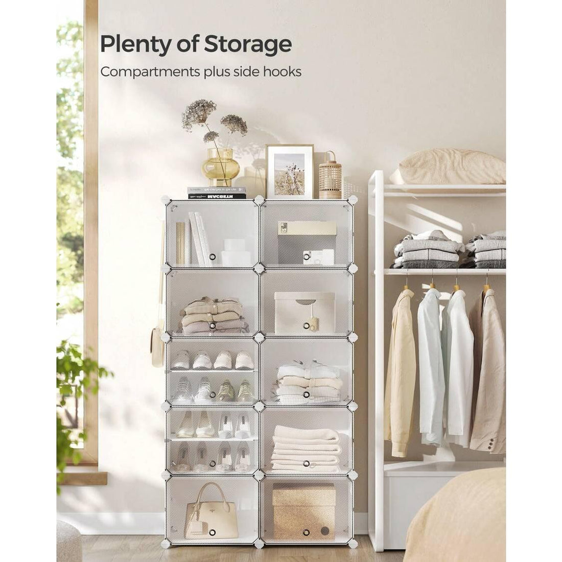 Interlocking Shoe Rack, Plastic Shoe Storage Cabinet, 10-Slot Modular Storage Organiser Unit, 30 X 40 X 30 Cm For Each Slot, With Doors, Steel Frame, Plastic Panels, White