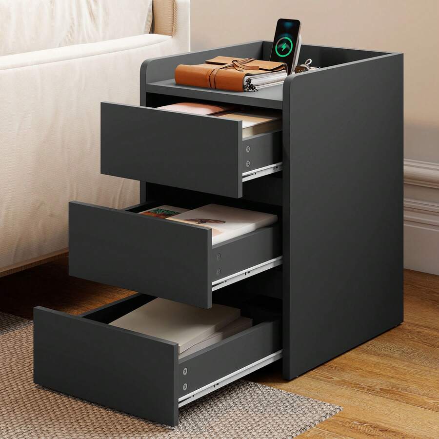 Bedside Table With 3 Drawers & Power Station, Nightstand End Table, Water-Resistant Storage Side Table, 35x40x59cm -