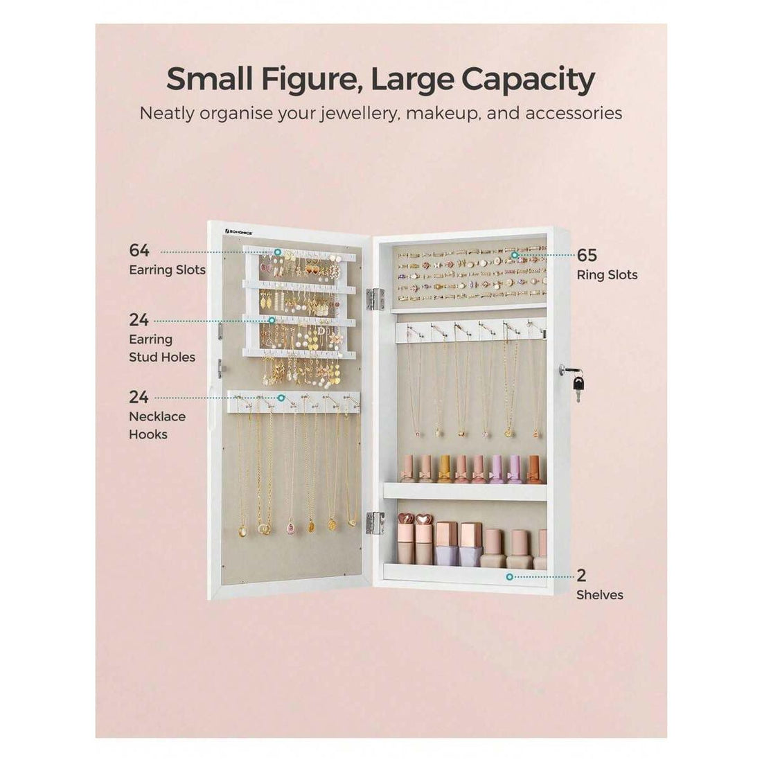 Wall-Mounted Jewellery Cabinet, Mirror With Storage, Lockable Mirrored Cabinet, Jewellery Organiser With Mirror, Space-Saving