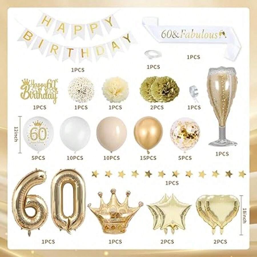 60th Birthday Decorations, Gold 60th Birthday Decorations For Men Women Gold White Balloons HAPPY BIRTHDAY Banner Number 60 Balloons Crown Star Heart Balloons HAPPY 60th BIRTHDAY Cake Topper