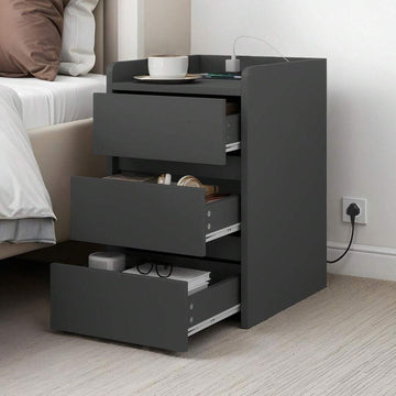 Bedside Table With 3 Drawers & Power Station, Nightstand End Table, Water-Resistant Storage Side Table, 35x40x59cm -