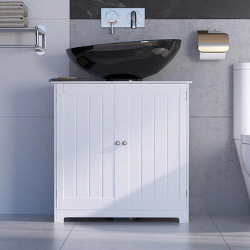 Lucn Modern Style Kitchen / Bathroom Under Sink Cabinet Washroom Sink Storage Unit Floor Free Standing Cupboard Restroom Basin Cupboard With Shelf, Simple White With Carved Lines, Waterprof And Moisture-Proof, U-Shaped Opening Design, MDF Boards, Adjustab