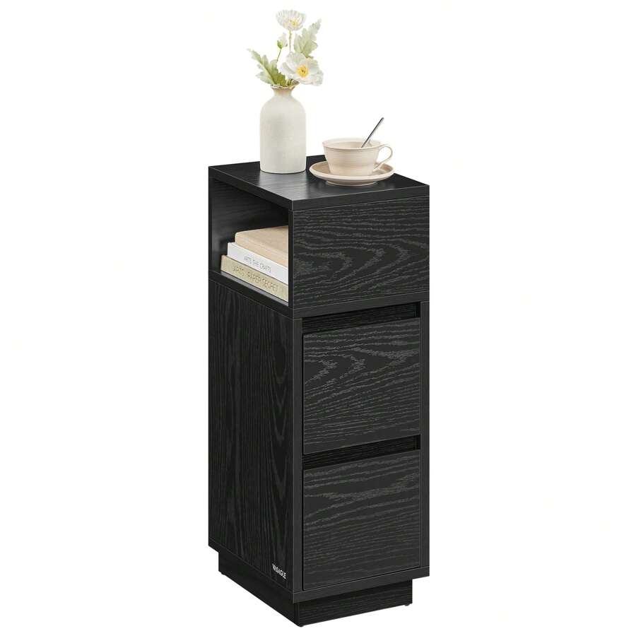 Slim Bedside Table, Small Narrow Side End Table With 2 Drawers, 1 Open Compartment Mounted To Face Left Or Right, For Bedroom, Living Room, Ebony Black
