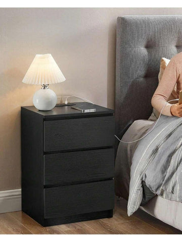 Bedside Table With Charging Station, Set Of 2, Side End Tables With 3 Drawers, 2 AC Outlets, 2 USB Ports, Bevelled Drawer Fronts, For Living Room, Bedroom, Study, Modern, Ebony Black