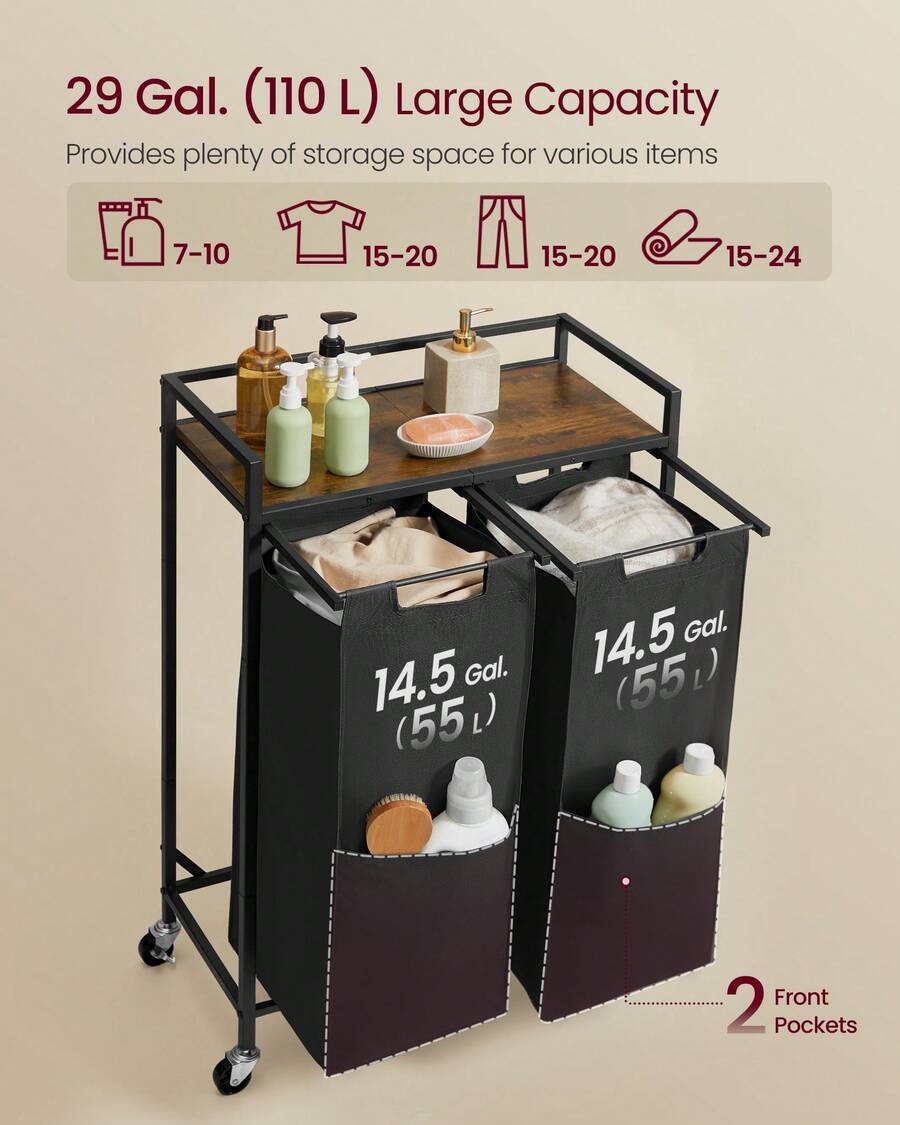 Laundry Hamper, 110 L Laundry Basket Cart With 2 Compartments, Storage Shelf, Wheels, Ink Black And Rustic Brown