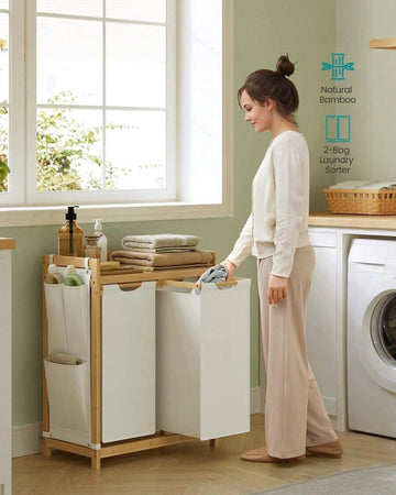 Laundry Basket With 2 Compartments, Laundry Hamper, Holds Up To 100 L, Laundry Sorter, With Shelf, Laundry Bag, Side Pockets, 2 X 50 L, 63 X 33 X 78 Cm, Cream White