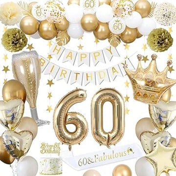 60th Birthday Decorations, Gold 60th Birthday Decorations For Men Women Gold White Balloons HAPPY BIRTHDAY Banner Number 60 Balloons Crown Star Heart Balloons HAPPY 60th BIRTHDAY Cake Topper